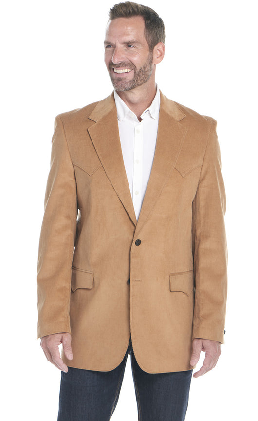 Man wearing a western camel blazer over a white shirt on a white background