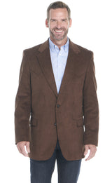 Man wearing a western chestnut blazer over a light blue shirt on a white background