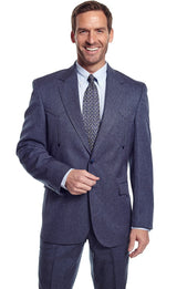 Man wearing a western navy blue suit with a patterned tie on a white background