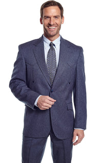 Man wearing a western navy blue suit with a patterned tie on a white background