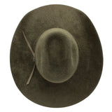 Dark green felt hat with a hat band on a white background
