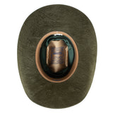 Green cowboy hat with brown interior and Resistol branding on a white background