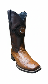 Cognac Full Quill Ostrich Leather cowboy boot on a white background