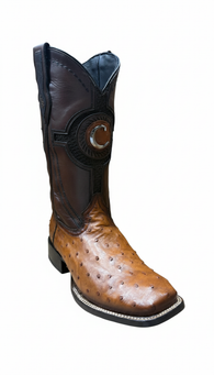 Cognac Full Quill Ostrich Leather cowboy boot on a white background