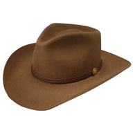 Brown cowboy hat with a leather band on a white background
