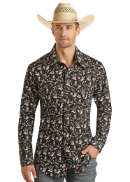 Man wearing a patterned shirt and cowboy hat on a white background