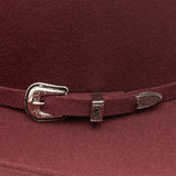 Close-up of a burgundy hat with a silver buckle on a matching background