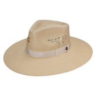 Beige straw hat with decorative band on a white background