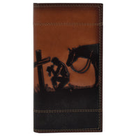 Brown leather wallet with black embossed design of a person and horse by a cross on a white background