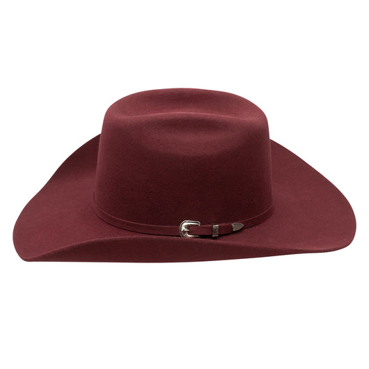 Burgundy cowboy hat with a belt on a white background