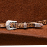 Close-up of a brown hat band with a silver buckle on a matching brown background