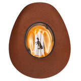 Brown cowboy hat with a decorative band featuring a logo on a white background