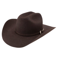 Brown cowboy hat with a wide brim on a white background