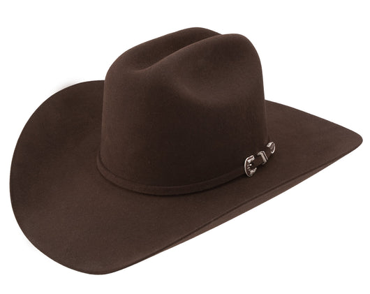 Brown cowboy hat with a silver buckle on a white background