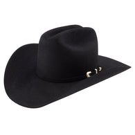 Black cowboy hat with a black hat band on a white background