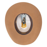 Stetson light brown cowboy hat with a brand label on a white background