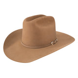 Brown tan cowboy hat with a band on a white background