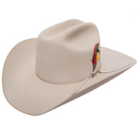 Beige cowboy hat with decorative band on a white background