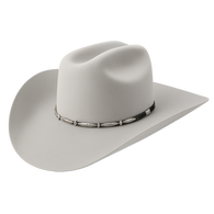 Light gray cowboy hat with decorative band on a white background