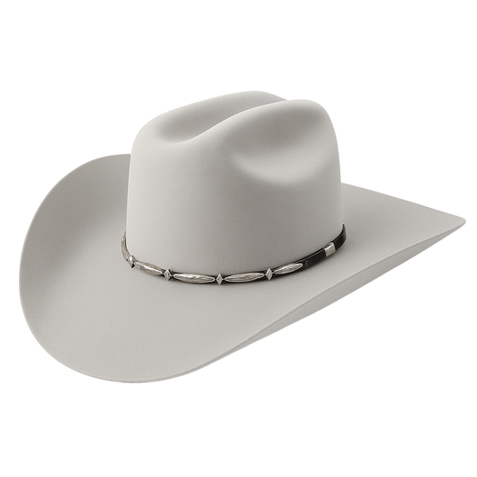 Light gray cowboy hat with decorative band on a white background