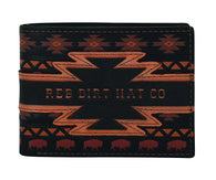 Bifold Leather Wallet Black With Aztec Design and Bison
