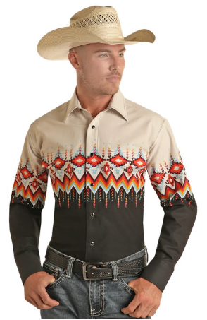 Aztec Border Print Western Shirt