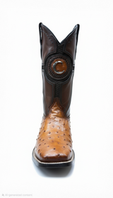 Cognac Full Quill Ostrich Leather cowboy boot forward facing on a white background