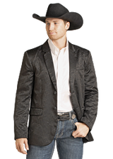 Man wearing a gray blazer, white shirt, and cowboy hat on a white background