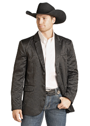 Man wearing a gray blazer, white shirt, and cowboy hat on a white background