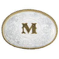 Initial M Silver Engraved Gold Trim Western Belt Buckle