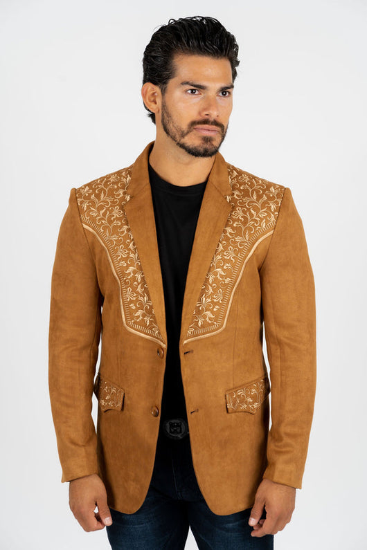 Western Camel Embroidered Faux Suede Blazer