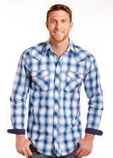 Blue Ombre Plaid Western Shirt Camisa vaquera azul cuadrada Los Potrillos Western Wear