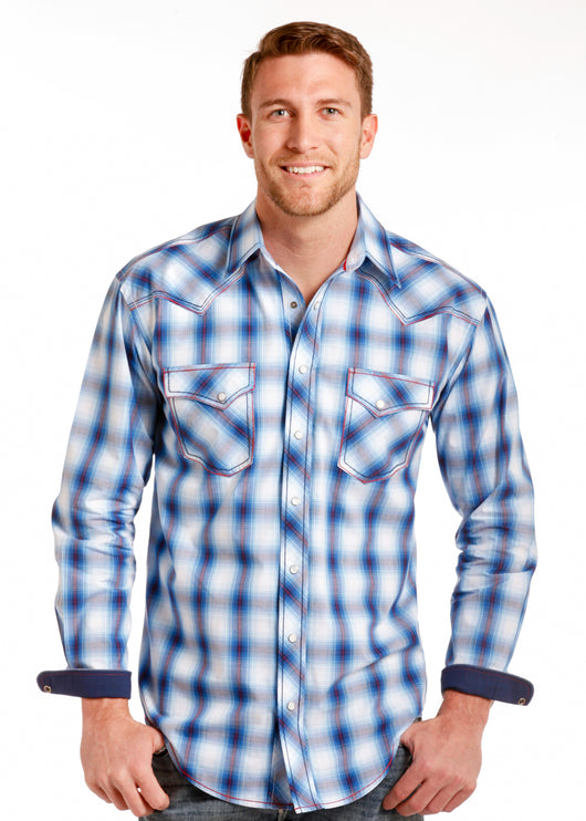 Blue Ombre Plaid Western Shirt Camisa vaquera azul cuadrada Los Potrillos Western Wear