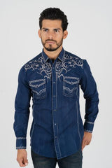 Western Snap Blue Embroidered Long Sleeve