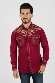 Western Snap Burgundy Embroidered Long Sleeve