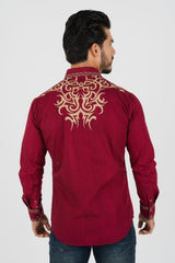 Western Snap Burgundy Embroidered Long Sleeve