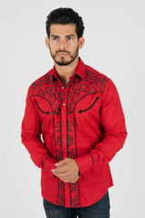 Western Snap Red Embroidered Long Sleeve