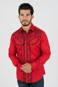 Western Snap Red Embroidered Long Sleeve