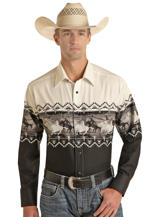 Border Print Long Sleeve Western Snap Shirt