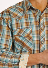 Long sleeve turquoise brown plaid