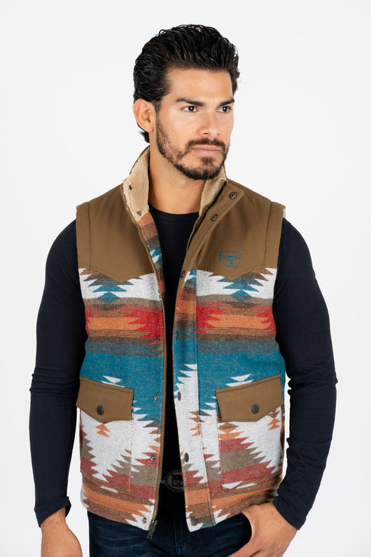 Men's Camel Padded Aztec Print Vest Los Potrillos Western Wear Men's Camel Padded Aztec Print Vest Los Potrillos Western Wear
