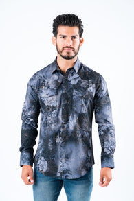 Western Snap Navy Digital Print Long Sleeve